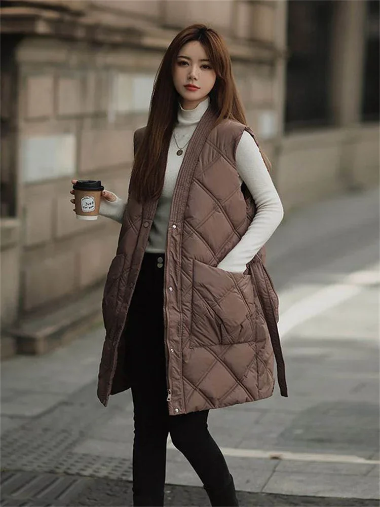 Diamond Plaid Down Cotton Vest Women 2023 Autumn Winter New Fashion  Long Loose Belt Slim V Neck Sleeveless Vest