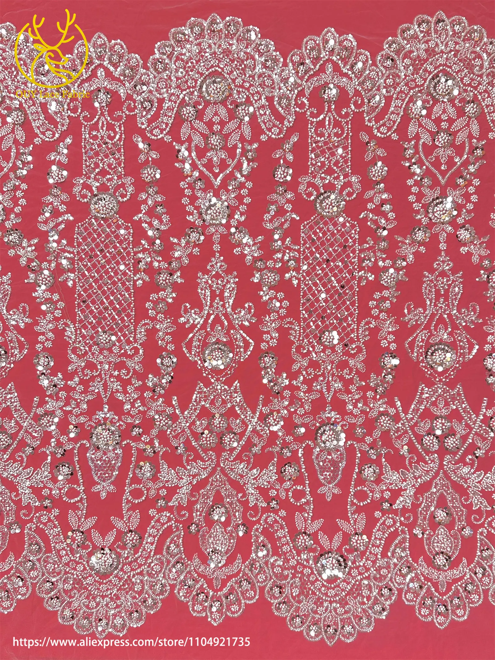 Grüner afrikanischer Pailletten-Perlen-Spitzenstoff 2026, nigerianischer französischer Mesh-Spitzenstoff, geeignet zum Nähen von Damen-Hochzeitskleidern – Detail 13