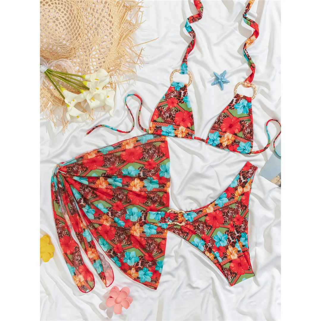 Mit Sarong-Blumenmuster, Neckholder-Bikini, Damen-Badeanzug, dreiteiliges Bikini-Set, Badebekleidung, Badeanzug, Schwimmanzug V7786 – Detail 6
