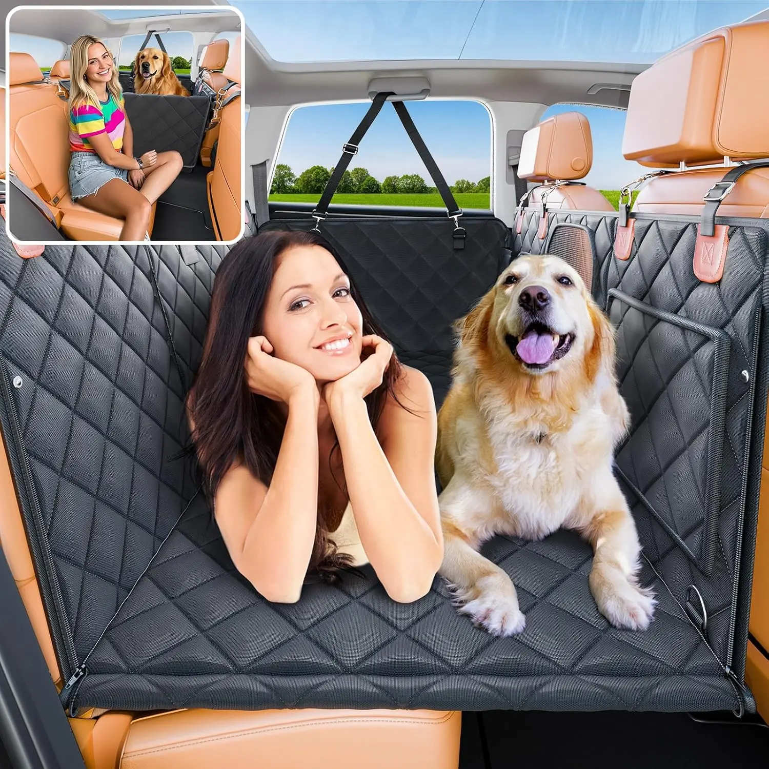 

Foldable Dog Car Seat Cover with Hard Bottom, Waterproof Pet Hammock for SUV Truck Backseat, 400lbs Capacity