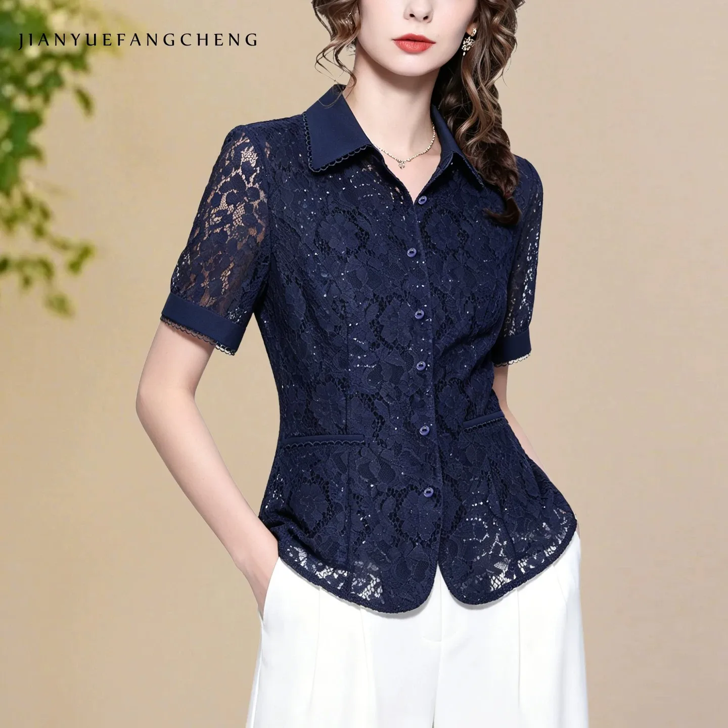 

Fashion Hook Flower Hollow Women' Sequined Lace Top Short Sleeve Turn-down Collar Slim Female Summer Blouse Retro Casual Shirts