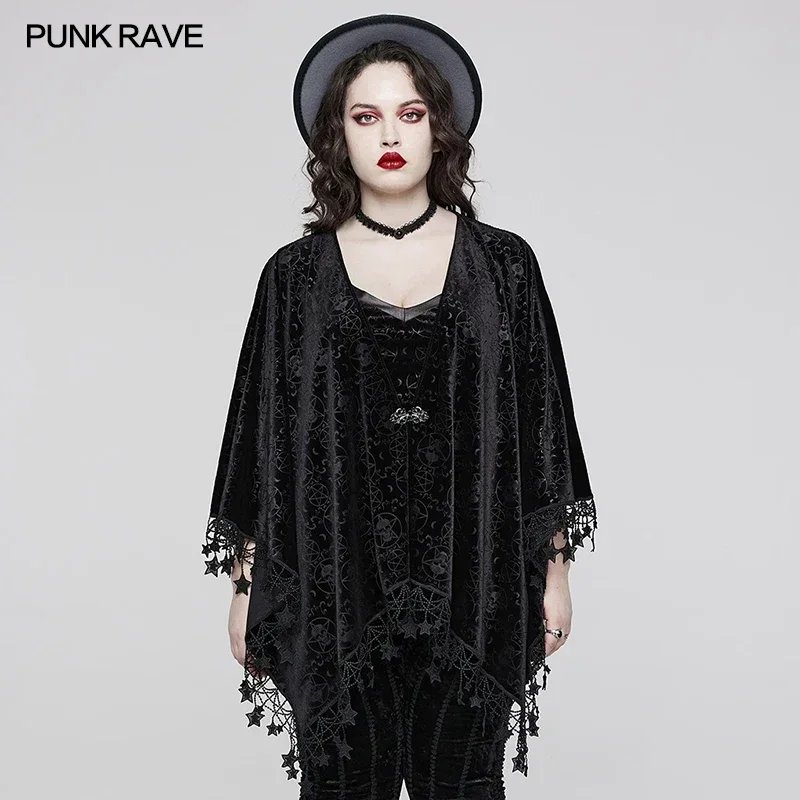 

PUNK RAVE Women's Gothic Skull Embossed Velvet Shawl Beautiful Irregular Pointed Hem with Pentacle Tassel Party Club Coat