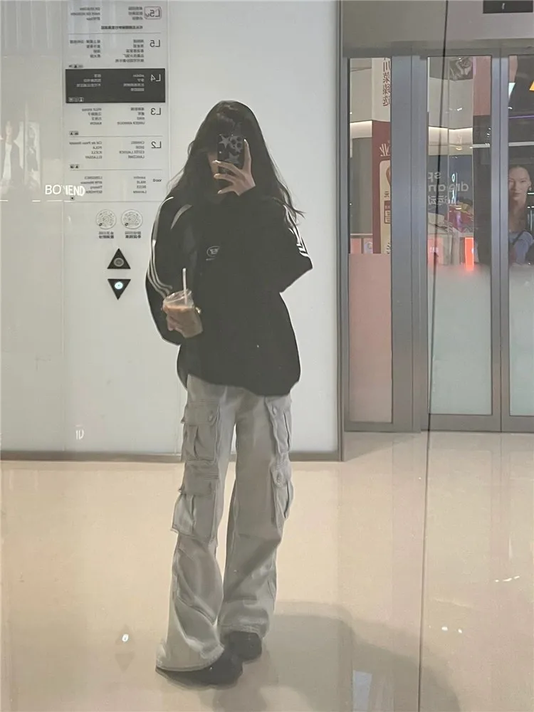 

Tall Women's Extended American High Street Multi-Pocket Workwear Denim Pants Autumn Winter Floor-Length Wide Leg Jeans