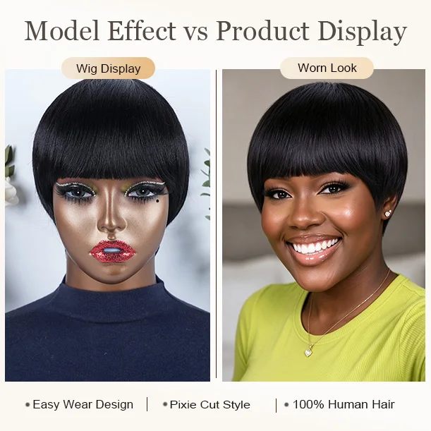 Pixie Cut Blunt Bangs Short  Wigs  with Bangs Machine Made Wigs for Women Fashion Style Wig for Daily Use