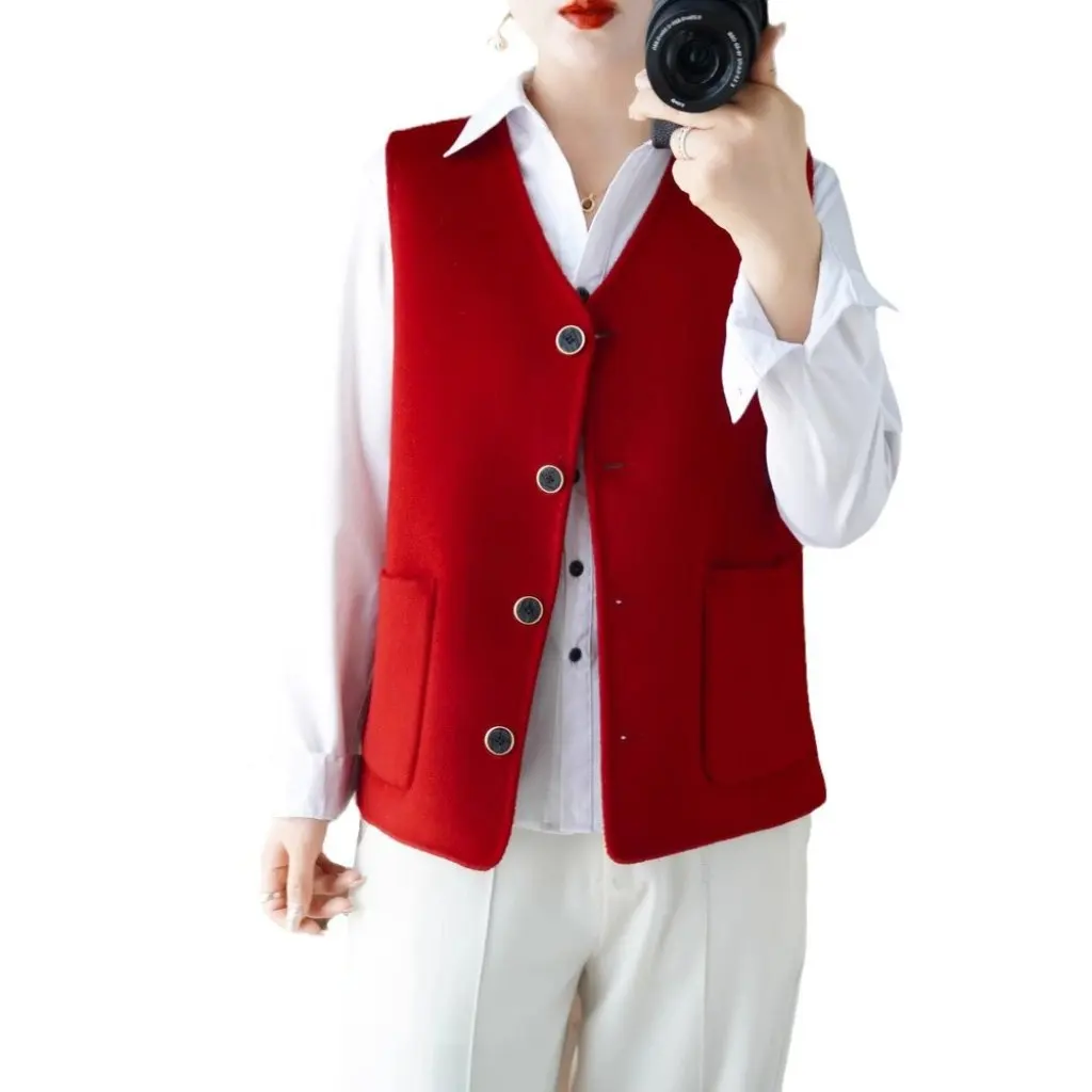 

100% Wool V Neck Vest Double-Sided Cardigan Outer Wear for Women Fashionable Slimming Look Autumn Winter Match Easy New Style