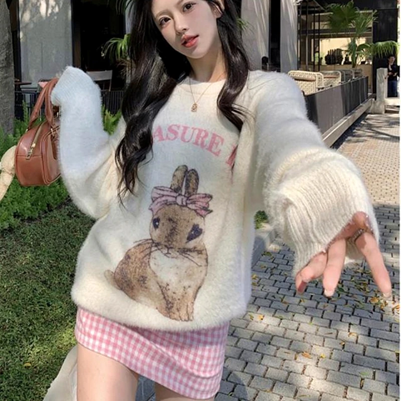 Sweet Bow Rabbit Print Oversized Sweatshirt for Girls Comfortable Women Thicken Winter Jumper Cute Cartoon Long Sleeve Pullover