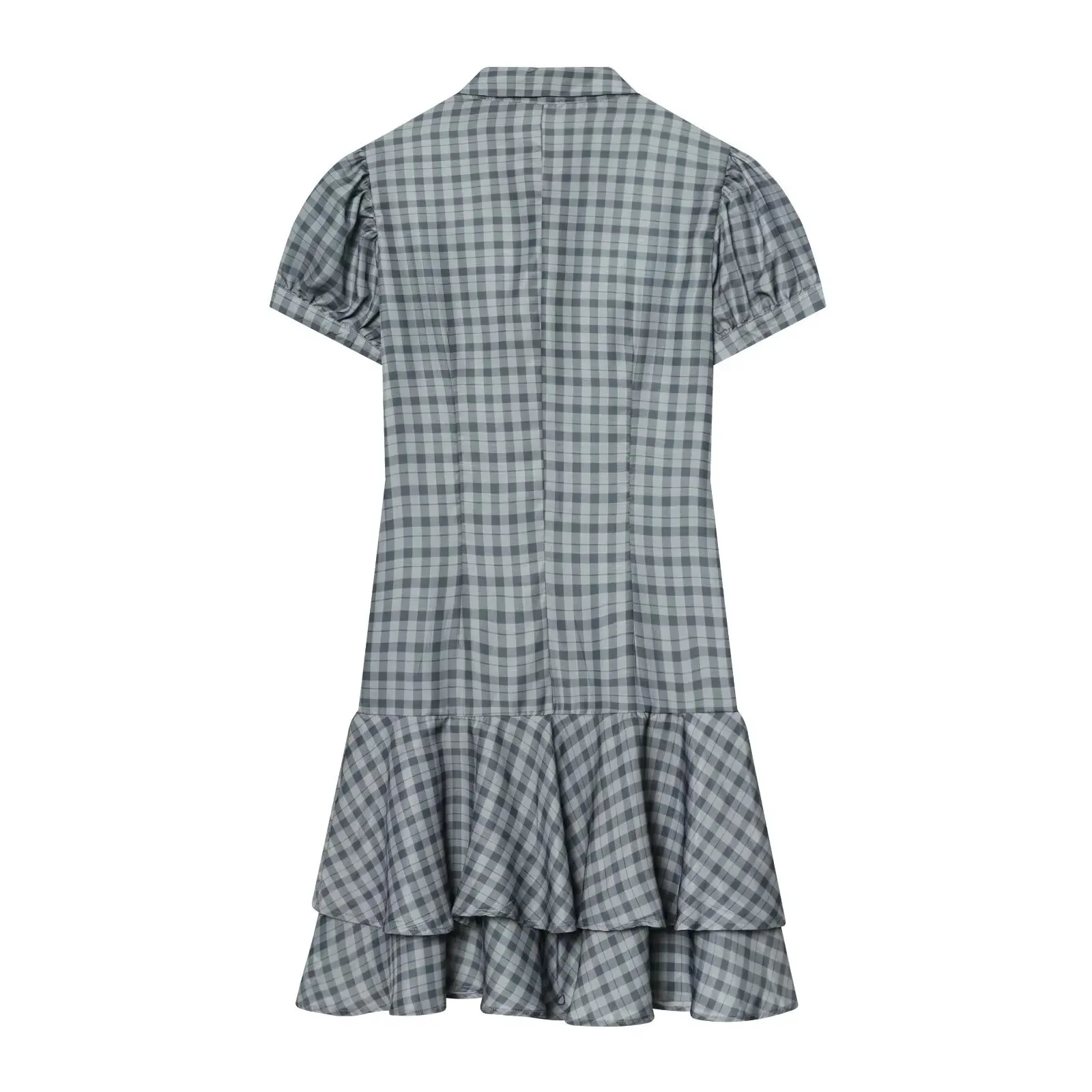 Women's Fashion Plaid Short Sleeve Dress Grey Plaid Short Sleeve Shirt Dress Puff Sleeve Button Down Ruffle Casual Dress QDKO