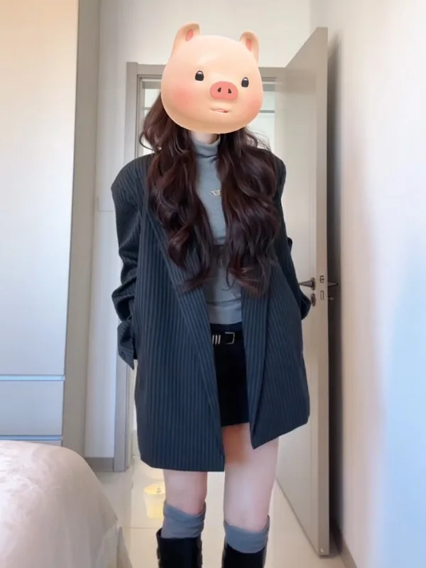 

Fashionable Striped Women's Suit Jacket Loose Long Sleeve Korean Style Casual Commute Wind Standard Polyester Fiber