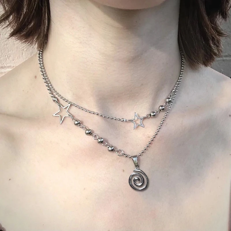 Stainless steel spiral pendant necklace / layered choker / star charm necklace / grunge cyber y2k fairycore subversive archive