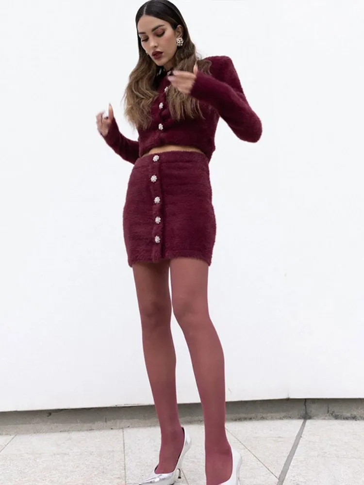 Burgundy Plush Cardigans Half Skirt Set Women O Neck Single Breasted Short Coat High Waist Wrap Hip Mini Skirts New Lady Outfits