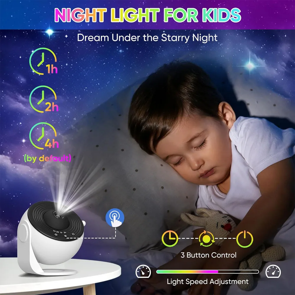 13 في 1 Galaxy Ultra Star Projector HD Image Area LED Night Light، 13 فيلمًا، 360 °   قم بتدوير مؤقت 1/2 ساعة لغرفة نوم الأطفال والكبار