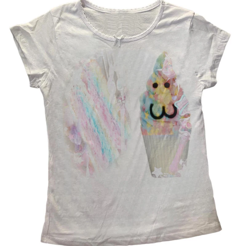 Women White Slim T-Shirt Rainbow Cupcake Ice Cream Cartoon Face Print Tee Kawaii Pastel Harajuku Y2K Streetwear Short Sleeve Cas view 4