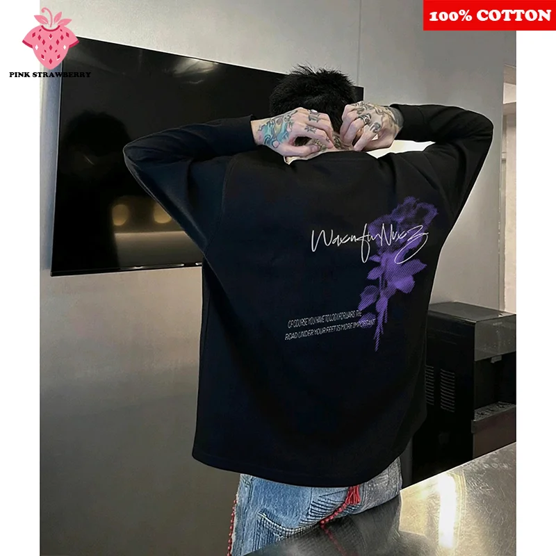 

Street Hip-Hop Long Sleeve T-Shirt Men's 2025 Autumn New 100% Cotton Floral Print Black T-Shirt Oversized Sports Gym Y2k Top Men