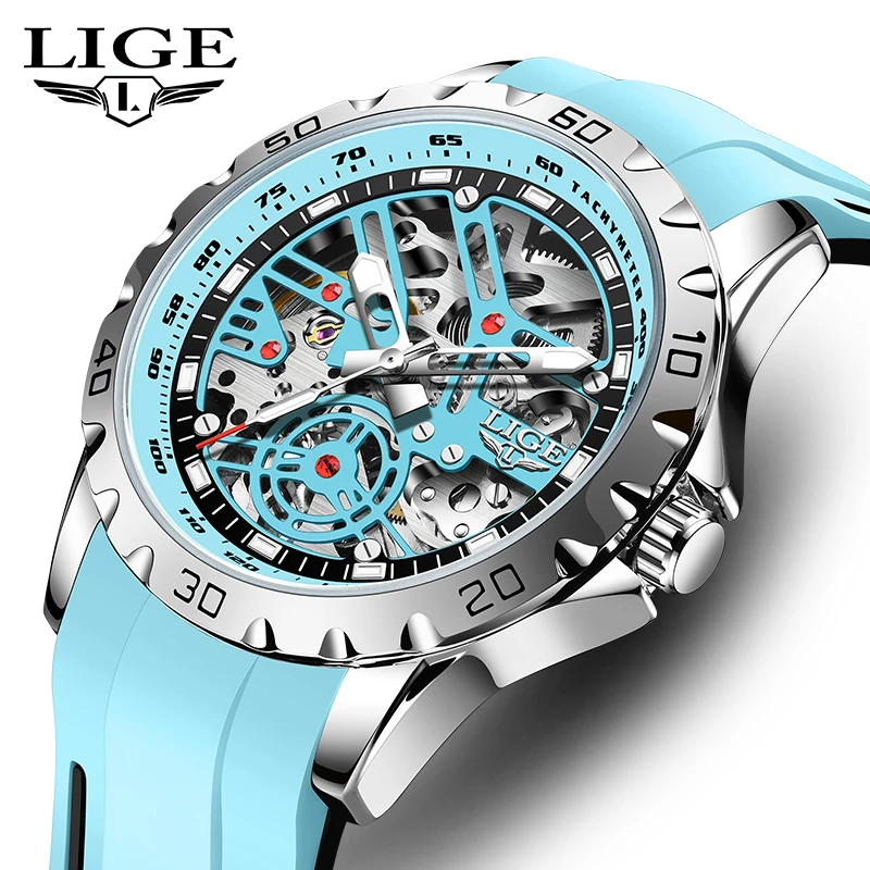 LIGE Fashion Mechanical Man Watch Casual Waterproof Watches for Men Silicone Hollow Tourbillon Luminous Clock Automatic Movement