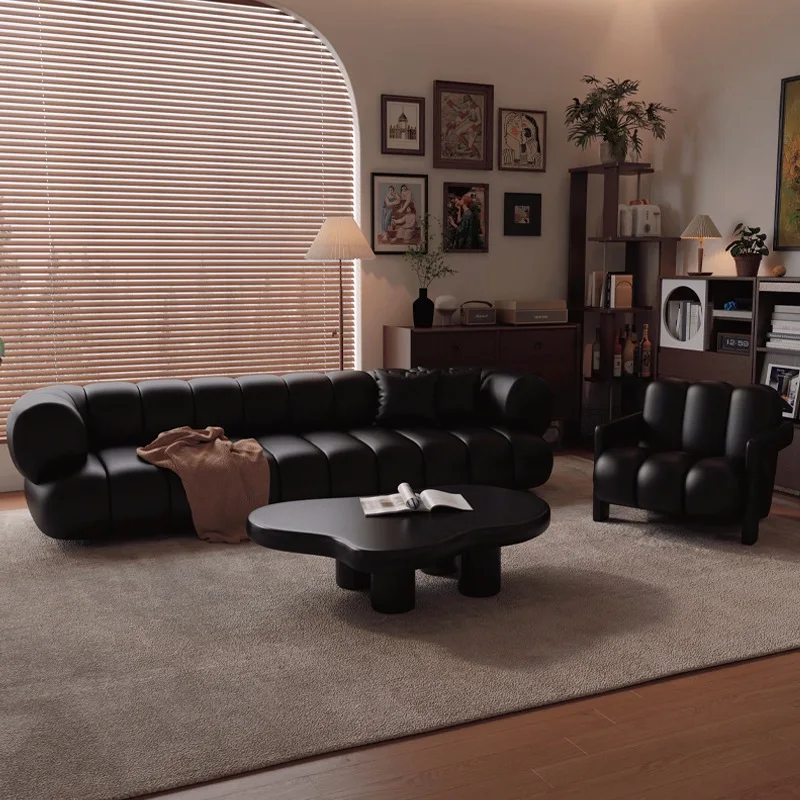 Black retro straight row sofa living room hotel office reception beauty salon clothing store lounge area sofa