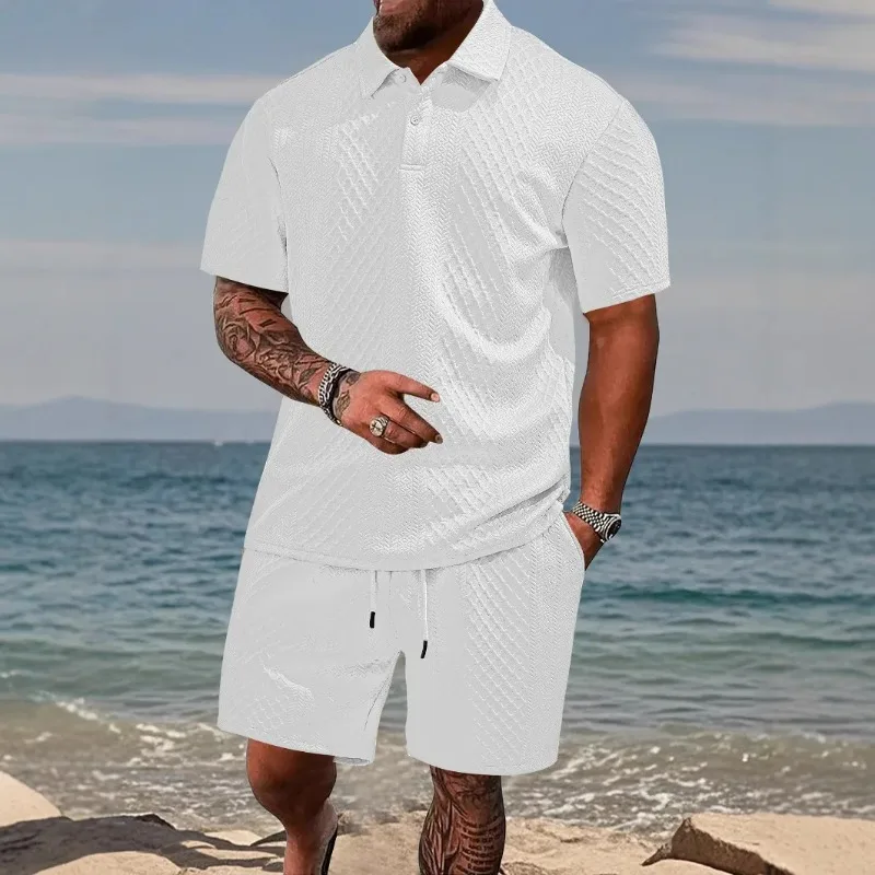 

Мужской летний европейский и американский новый жаккардовый мужской повседневный спортивный костюм с тонкими лацканами и короткими рукавами