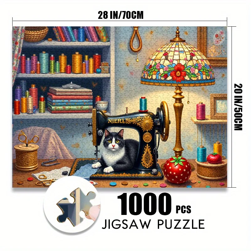 500/1000pcs Vintage Sewing Machine & Cat Jigsaw Puzzle - Anti-Scratch Premium Paper, Challenging Advanced Puzzle for Adults, F