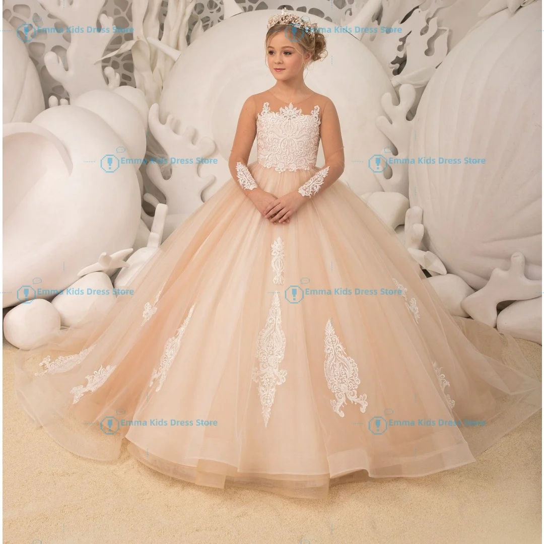 Drois Custom Champagne Color Girls' Flower Girl Dress, Tulle Embroidered Long Sleeve, Wedding Birthday Party Communion Princess