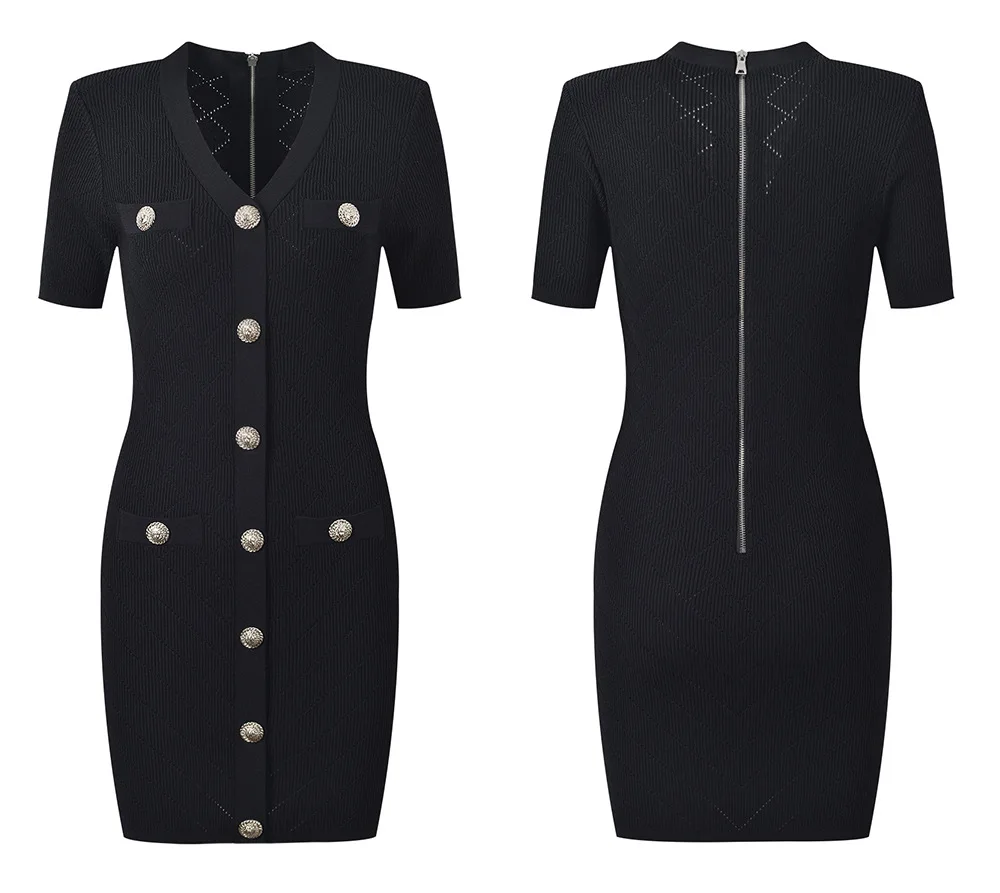 엘레 오르트 스베 V넥 니트 드 파리지앵 럭셔리 에메드 골드 블루 바디콘 슬리밍 여성 패션 여름 드레스