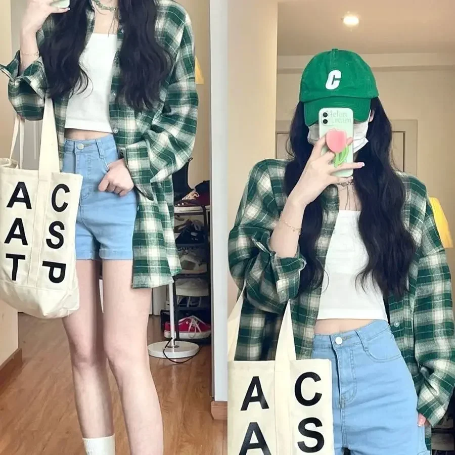 

Classic Long Plaid Shirts Women Preppy Style Students BF Unisex Loose Streetwear Harajuku Vintage All-match Lazy New Spring Chic