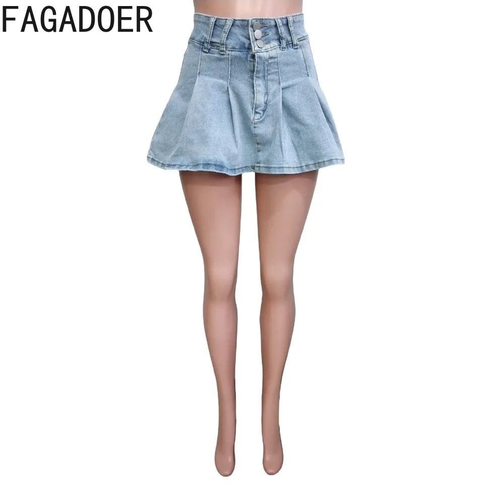 FAGADOER-Mini-jupes plissées en denim pour femmes, taille haute, ligne A, jupe en jean, bleu, bouton décontracté, bas assortis, streetwear, mode