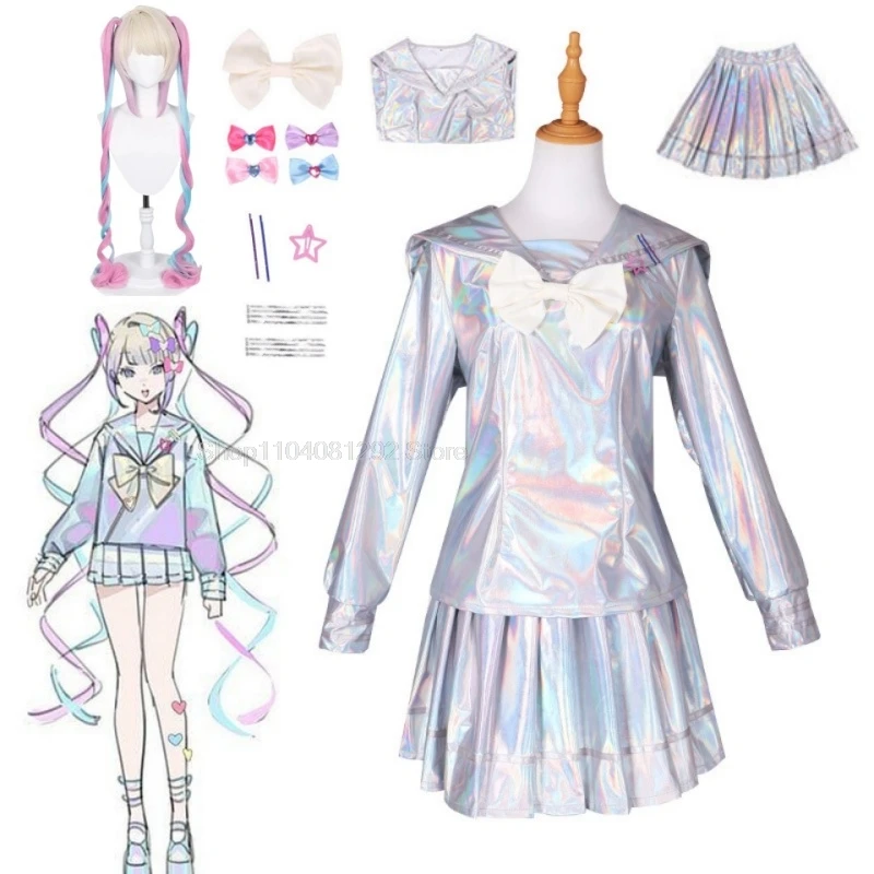 

Game NEEDY GIRL OVERDOSE KAngel Cosplay Costume Full Set of Clothing Sailor Suit Jk Uniform Laser Color Skirts Ribbon Wig