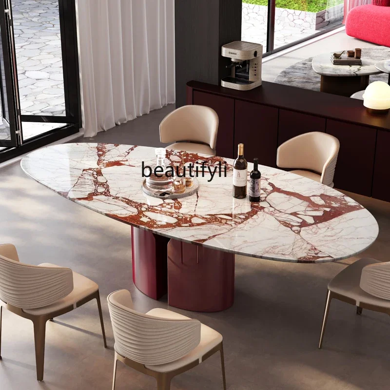 02 Imported natural marble dining table Water drop-shaped oval light luxury high-end red luxury stone dining table