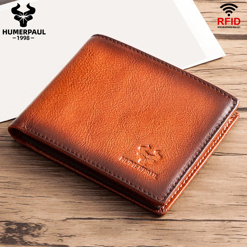 HUMERPAUL Wallet for Men Genuine Leather RFID Blocking Bifold Stylish Card Holder Purse with ID Window Classic Male Money Bag