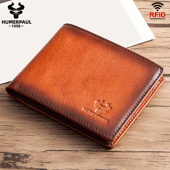 Cartera HUMERPAUL para hombre de cuero genuino con bloqueo RFID plegable elegante tarjetero con ventana de identificación monedero clásico para hombre
