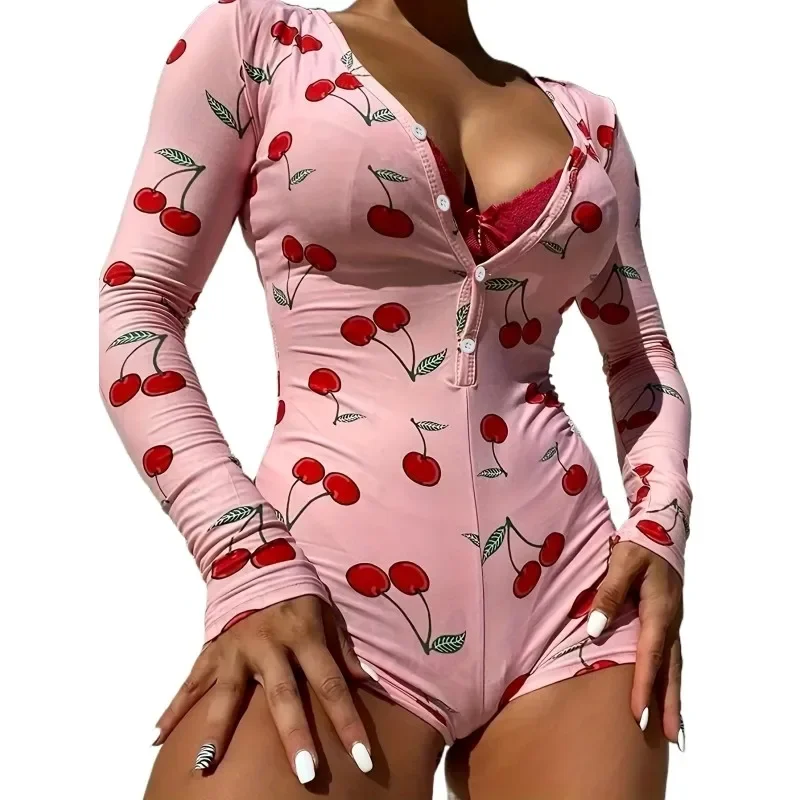Pyjama Sexy pour femmes, body décontracté, imprimé cerise, col en v, bouton avant, manches longues, Slim Fit, combinaison, vêtements de nuit