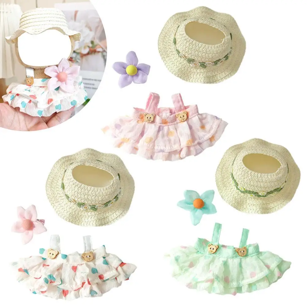 

17cm Doll's Clothes For Labubu Summer Straw Hat Flowers Halter Dress Suit Cute Sweet Plush Toy Clothing Accessories For Gift