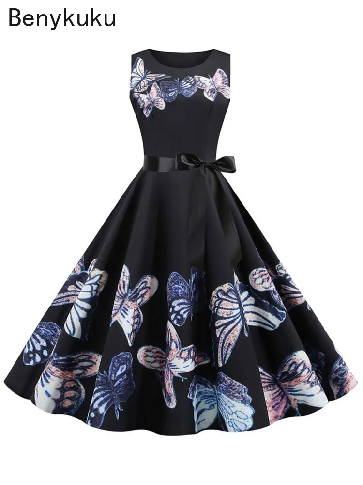1950s Vintage Summer Dress Women Elegant Party Dresses Sleeveless Retro Swing Floral Print Casual Midi Sundress Goth Robe 2026