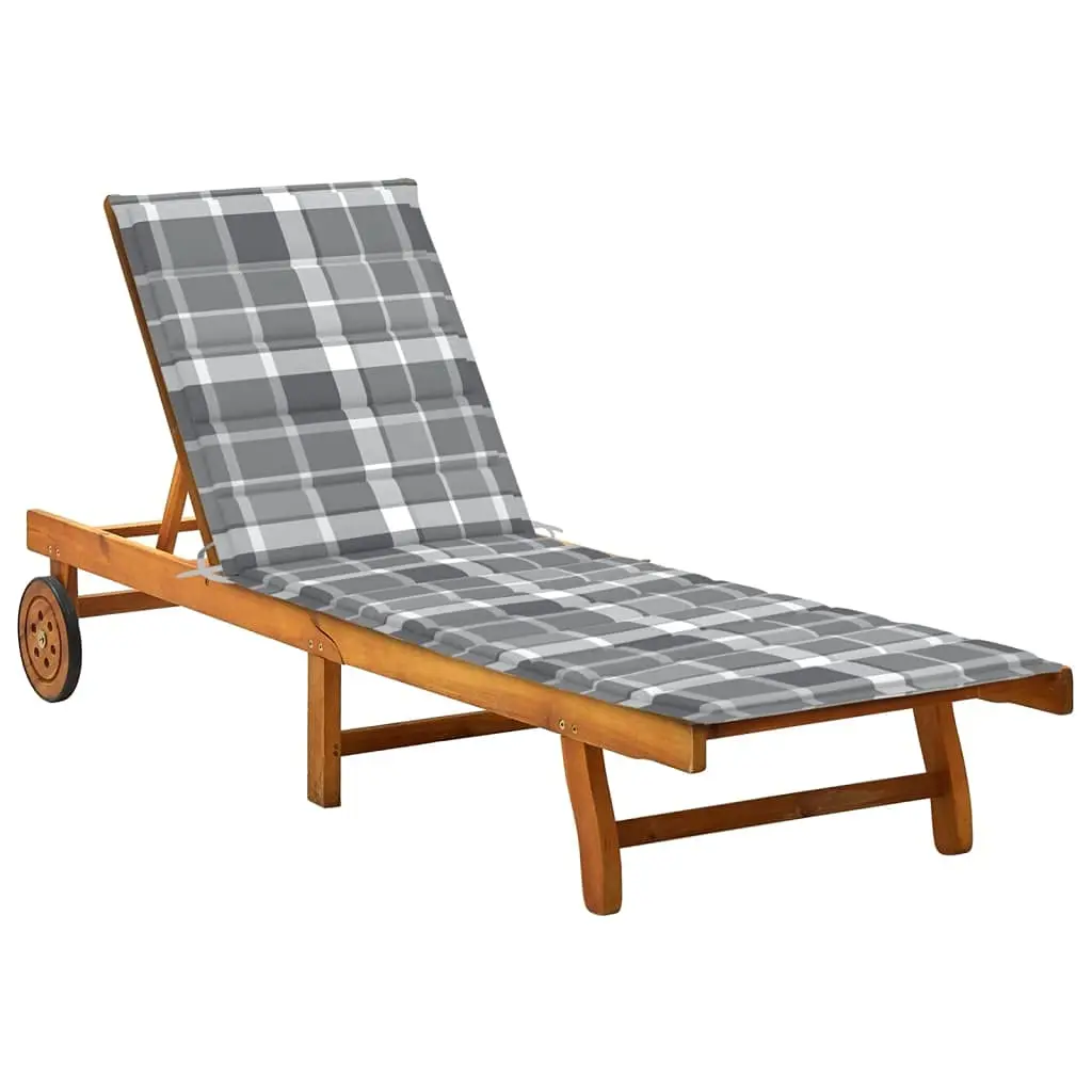Acacia Wood Sun Lounger with Cushion, Wheels, Pull-Out Tray, Foldable Patio Chaise for Garden Poolside, Grey, Customized