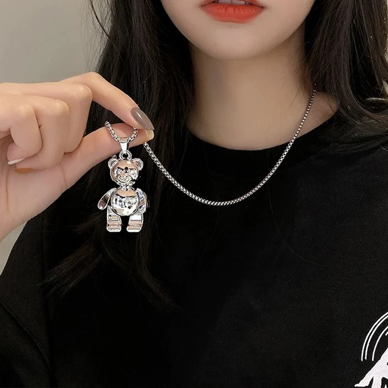 Fashion movable Design Teddy Bear Sweater Necklace Women's Trend stainless Steel HipHop Bear Accessories Sweater Chain Necklaces