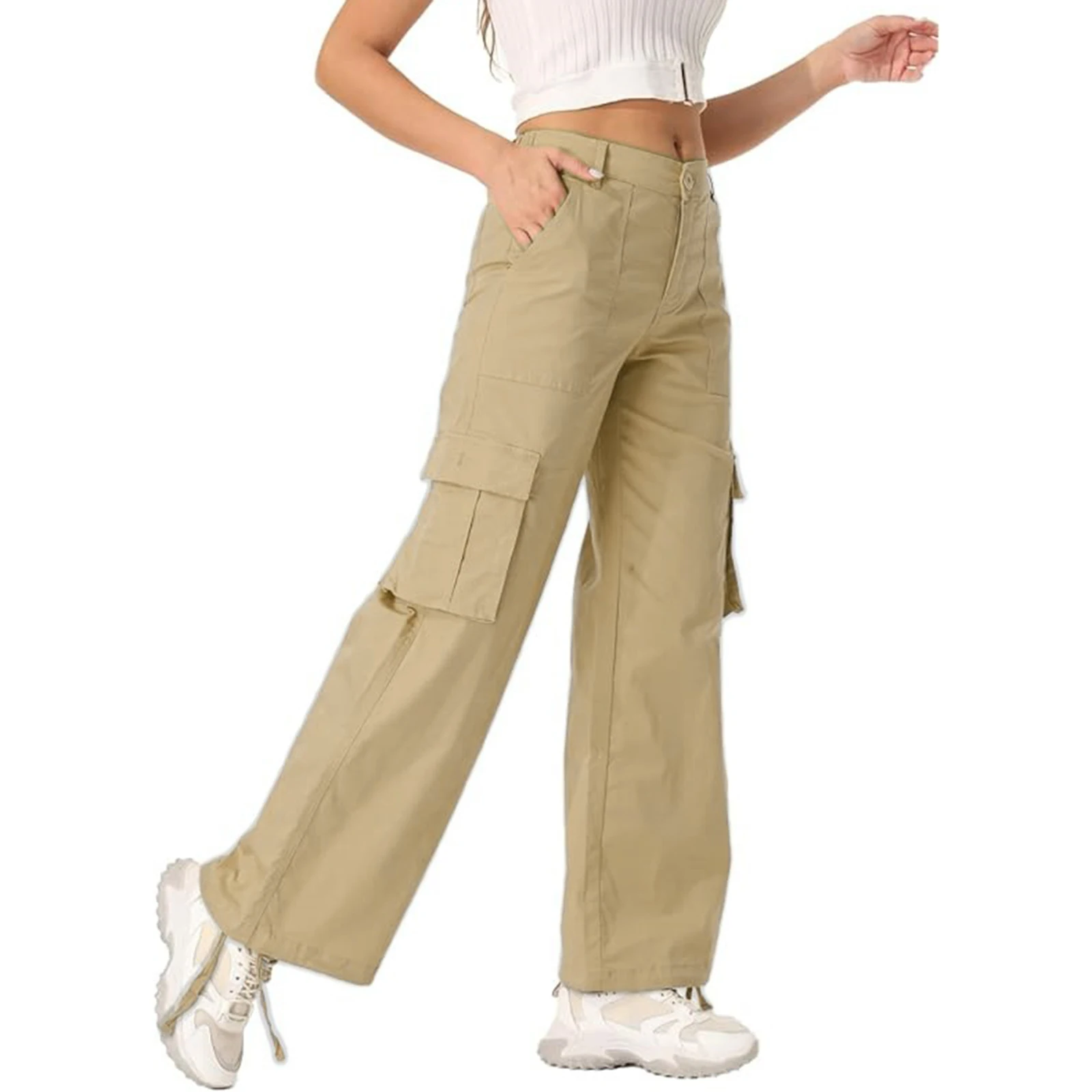 Women's Multi-pocket Cargo Straight-leg Pants High-waisted Loose Trousers Spring Autumn Casual Sweatpants Solid Color Pants
