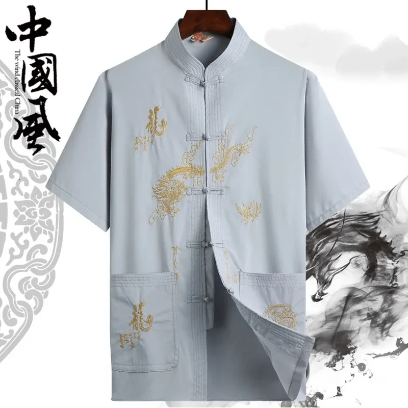 Sommer Stickerei Drachen druck Bluse Tops Männer Tang Anzug chinesische traditionelle Hanfu T-Shirt Kung Fu Mantel Vater orientalische Strickjacke