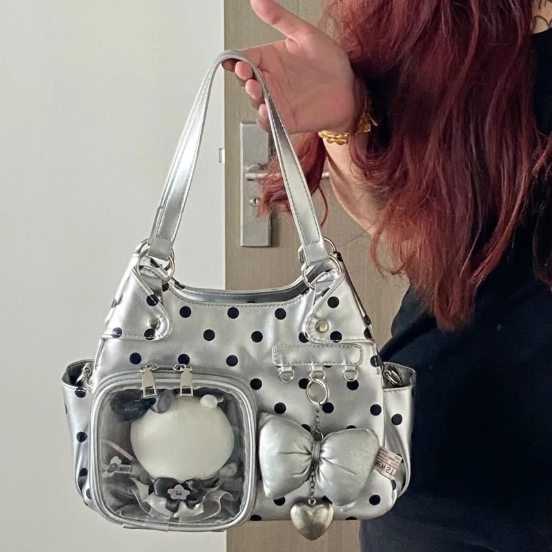Polka Dot Ita Bag mit transparentem Sichtfenster, Damen-Umhängetasche, japanische Mädchen-Handtasche mit süßer Schleifendekoration. – Detail 10