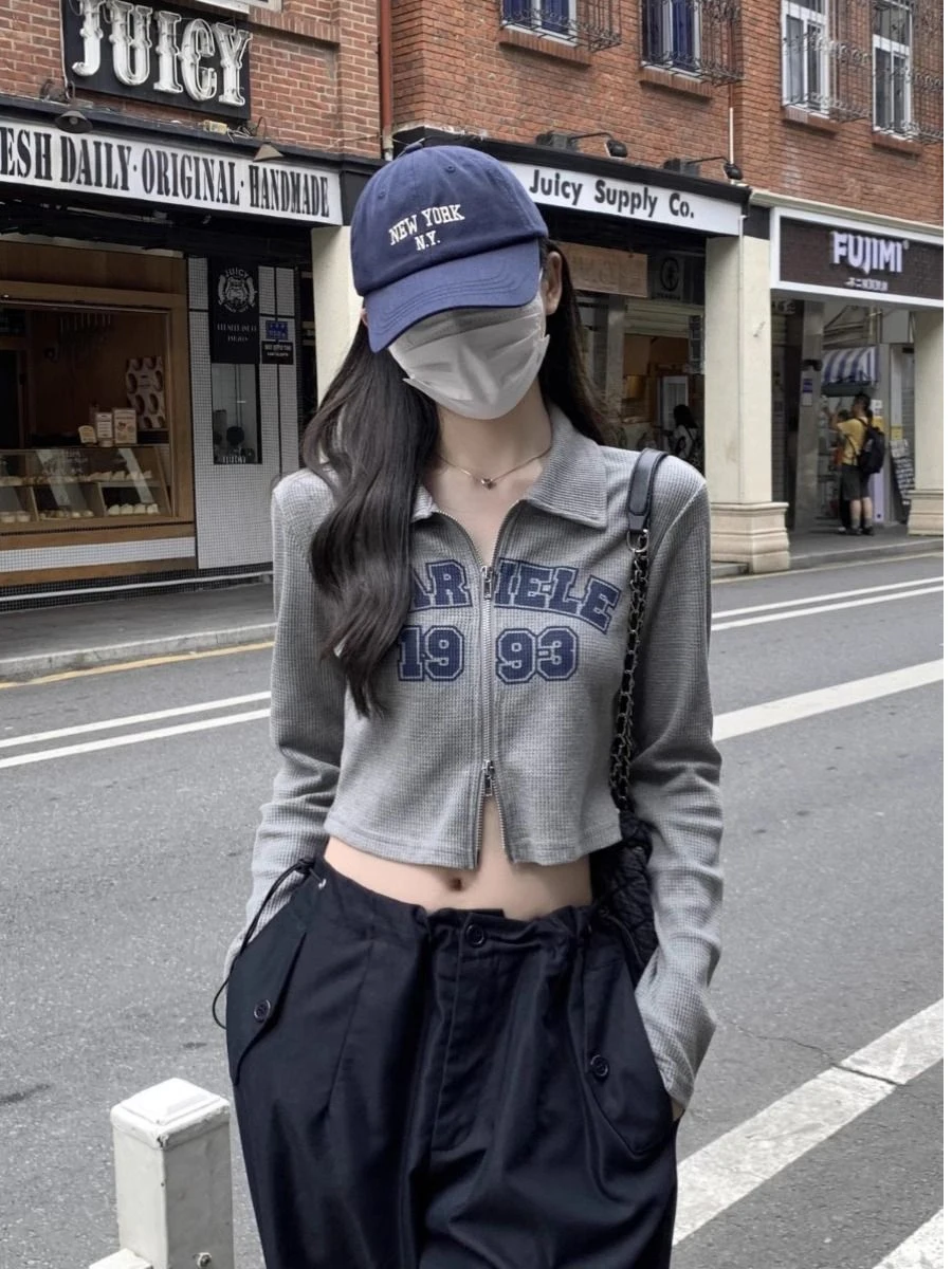 Retro American Hot Girl Design Double Zipper Short Women's T-shirt Slim Fit Printed Base Shirt Commute Style Long Sleeve