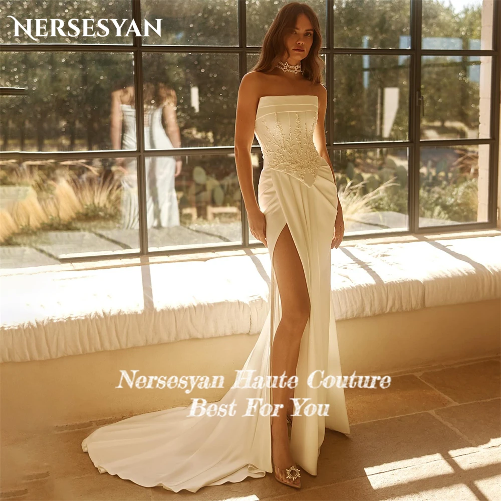 Nersesyan Vintage Glitter Mermaid Wedding Dresses Off Shoulder Pleats Beads Bridal Gowns High Side Slit Backless Bride Dress