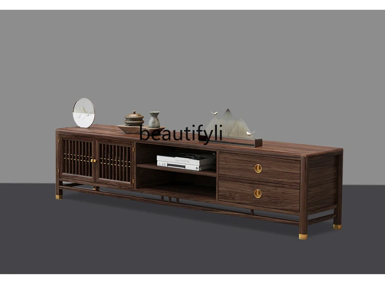 

New Chinese Style Solid Wood TV Cabinet Storage Ugyen Wooden Floor Cabinet Light Luxury Living Room Walnut Color