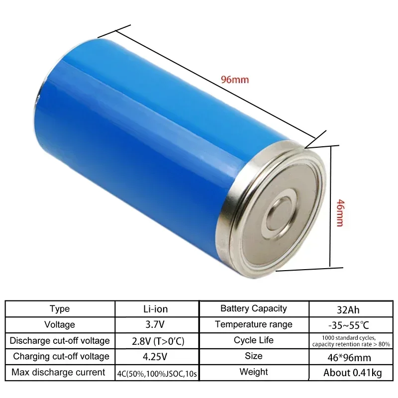 New 3.7V 32Ah 46950 Lithium ion Rechargeable Battery 4C High Power Grade A DIY 12V 24V 48V Electric Car RV Ship Solar Energy