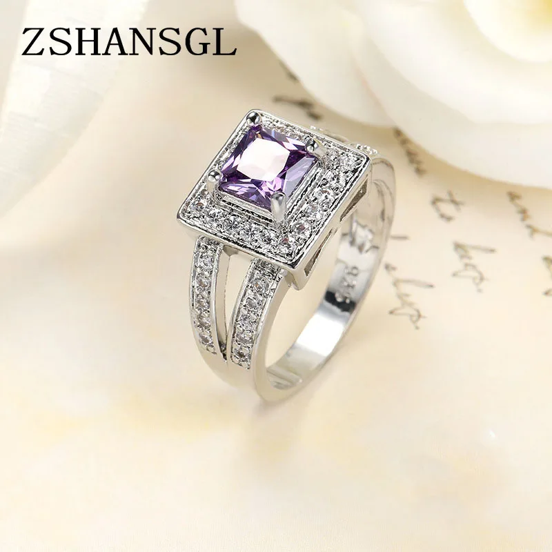 Anello da dito in argento Sterling per signora pavimentato viola CZ luxury hot Princess women Wedding anello di fidanzamento gioielli di colore viola