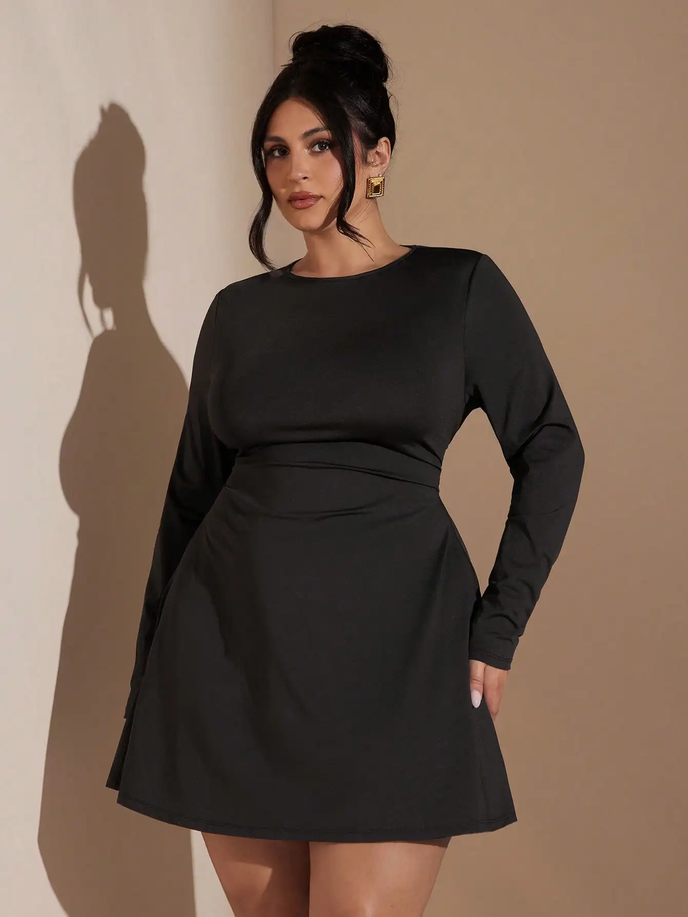 

Plus Size Long Sleeve High-Neck Mini Dress with Flared Skirt, Black