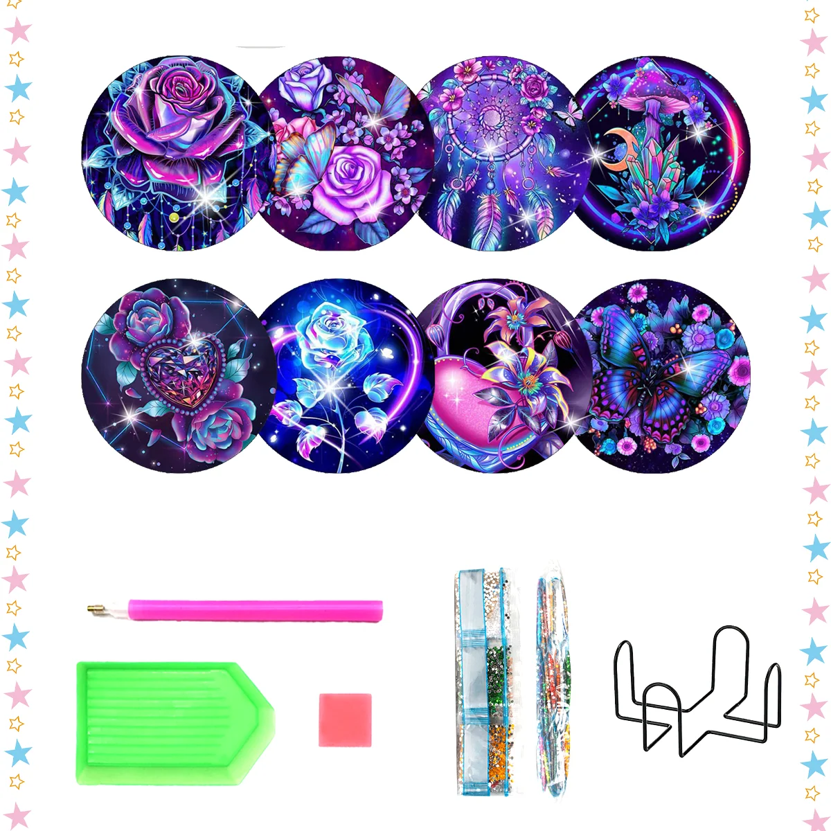 CHENISTORY 8 unids/set de posavasos pintados con diamantes posavasos con estampado de flores con soporte Diy Kit de artesanía de arte con diamantes decoración del hogar