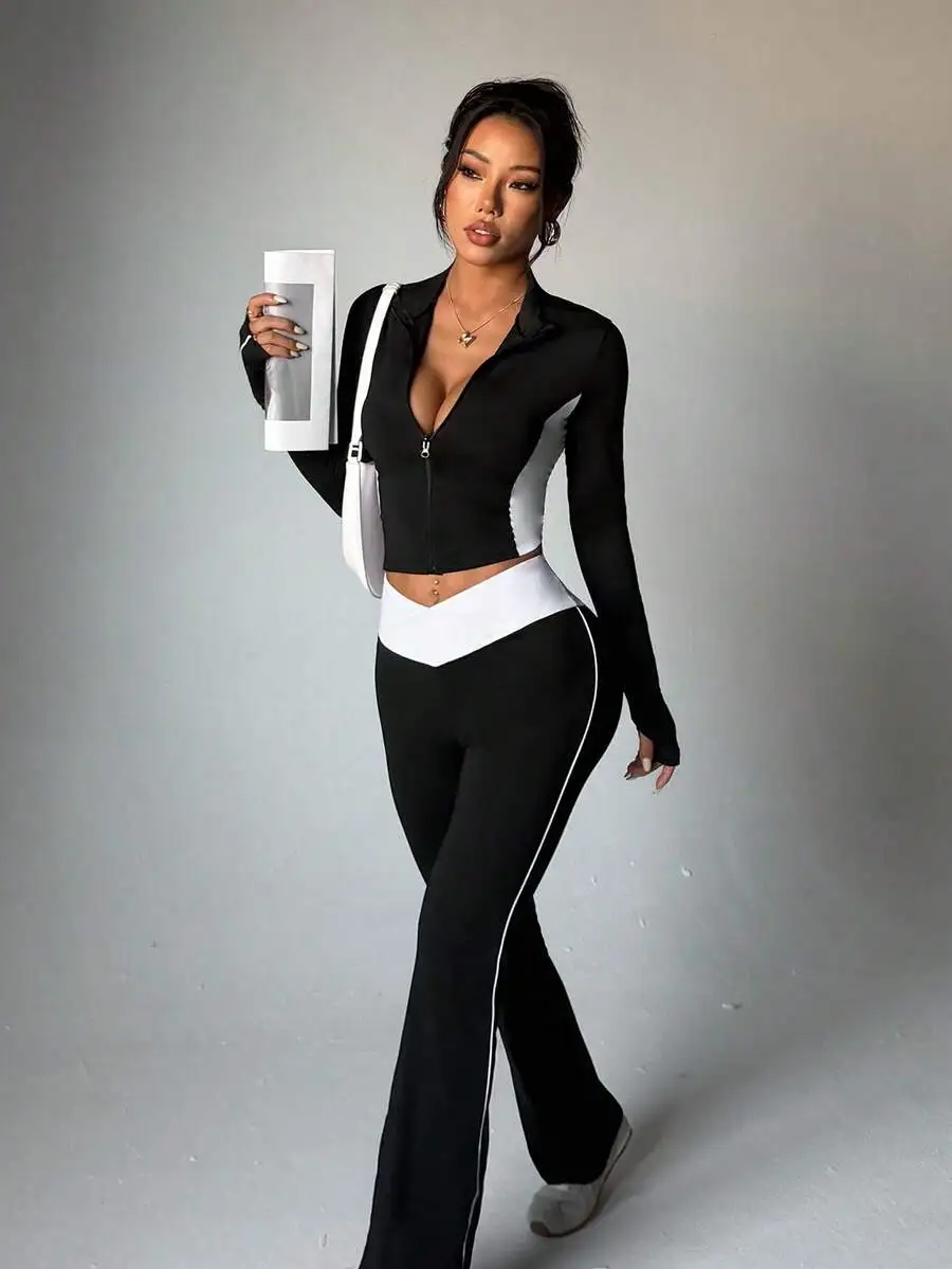 

Women Black White Spliced Mandarin Collar Long Sleeve Zipper Crop Top Flared Pants Knitted 2 Piece Casual Sport Set