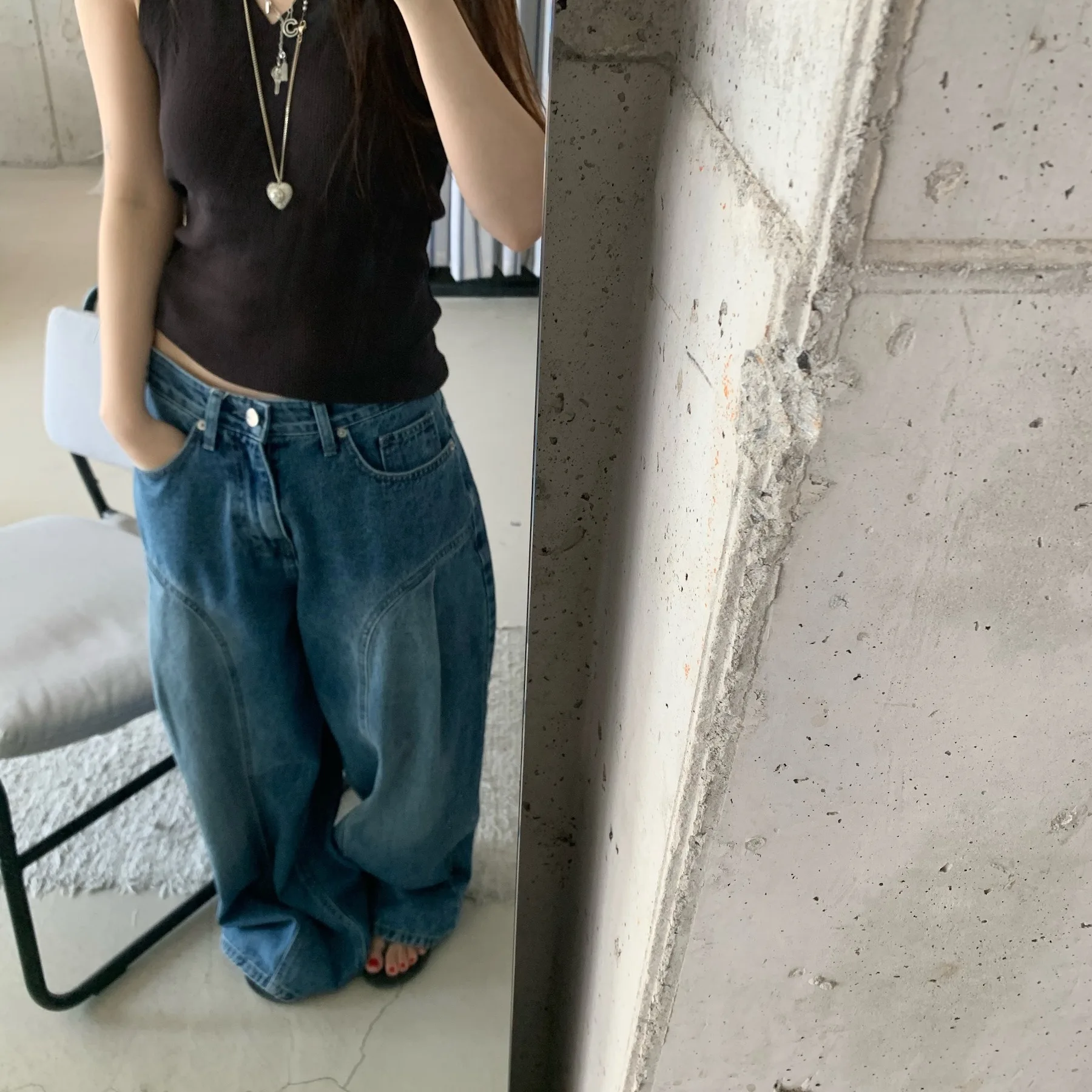 Casual Chic Patchwork Wide Leg Jeans High Waist Straight Cut Versatile Denim Jeans for Everyday Wear Summer 2026 Ladies Fashion