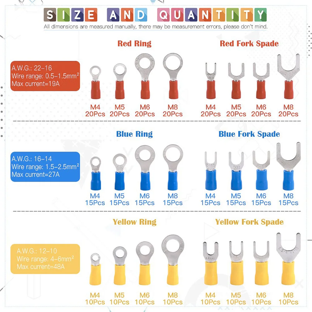

360 шт., 22-16/16-14/12-10 калибра, быстроразъемное электрическое изолированное вилочное кольцо, беспаечные обжимные клеммы, набор в ассортименте