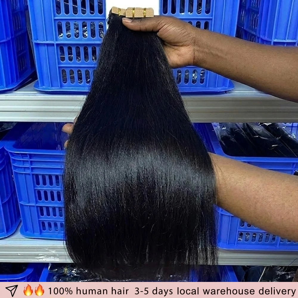 Mini bande droite dans les extensions de cheveux humains bande adhésive naturelle sans soudure de couleur noire extension cheveux humain 100% naturelle réelle invisible adhésive dans l'extension pour les femmes 24 pouces tape in human hair