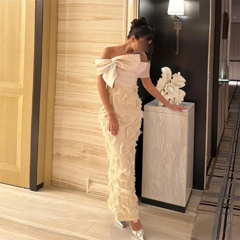 

Formal Gown Saudi Arabia Evening Prom Dearin Off-the-shoulder Sheath Ankle Length Bows Open Back Skirts