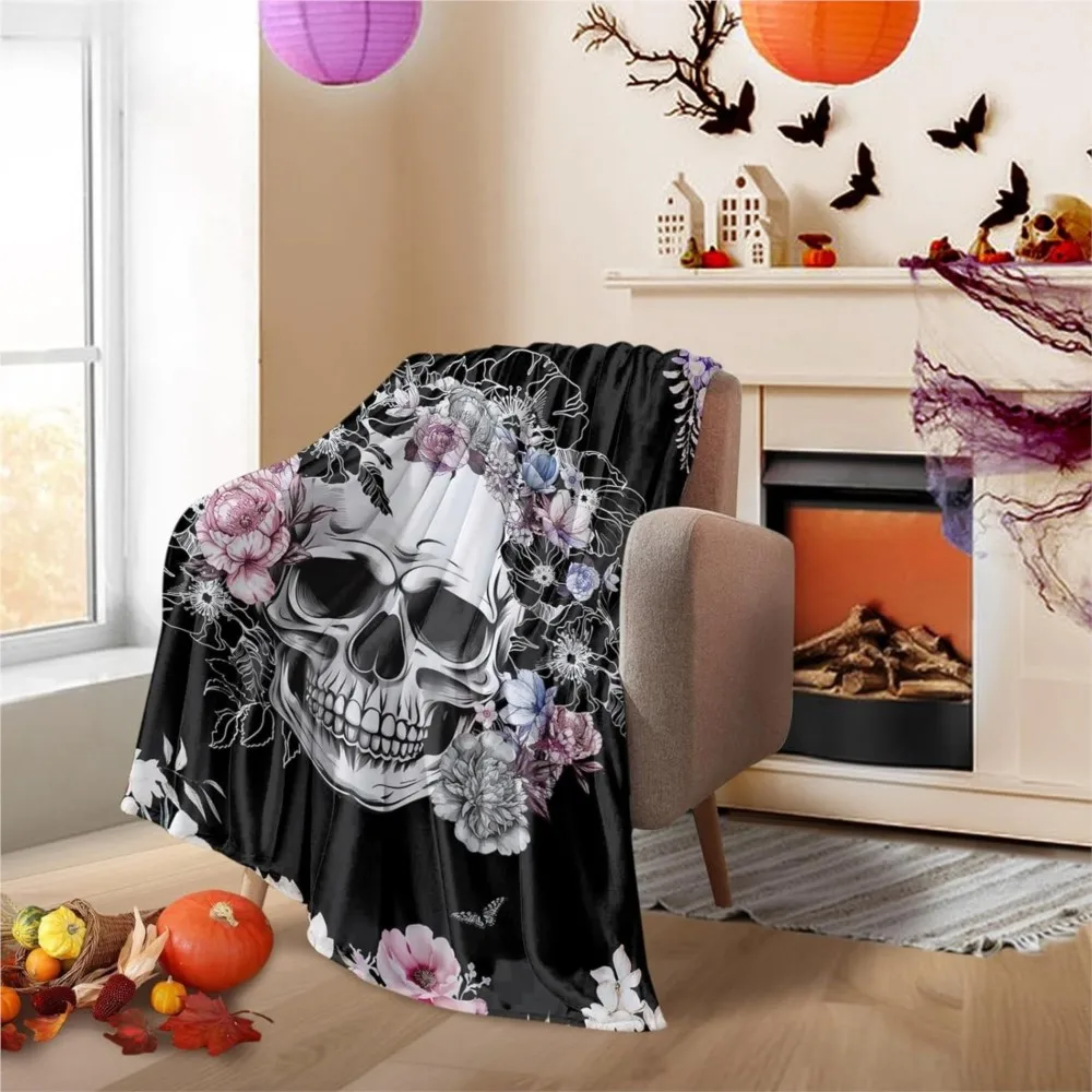1PC Halloween Theme Throw Skeleton skull Flowers Gothic arts Thin Blanket Gifts for Couch Bed Car Home Camping all season use